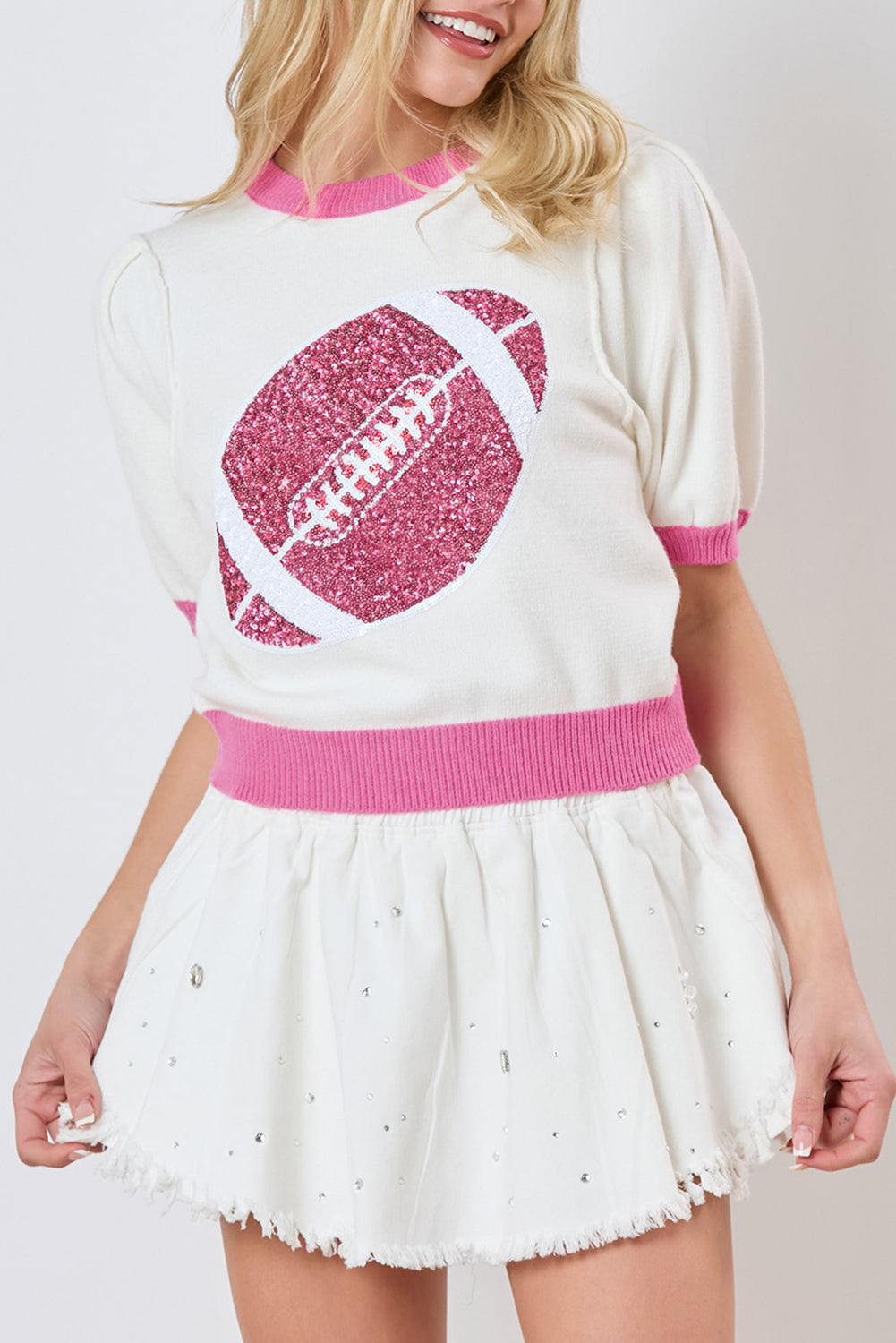 Colorblock Sequin Football Puff Sleeve Sweater