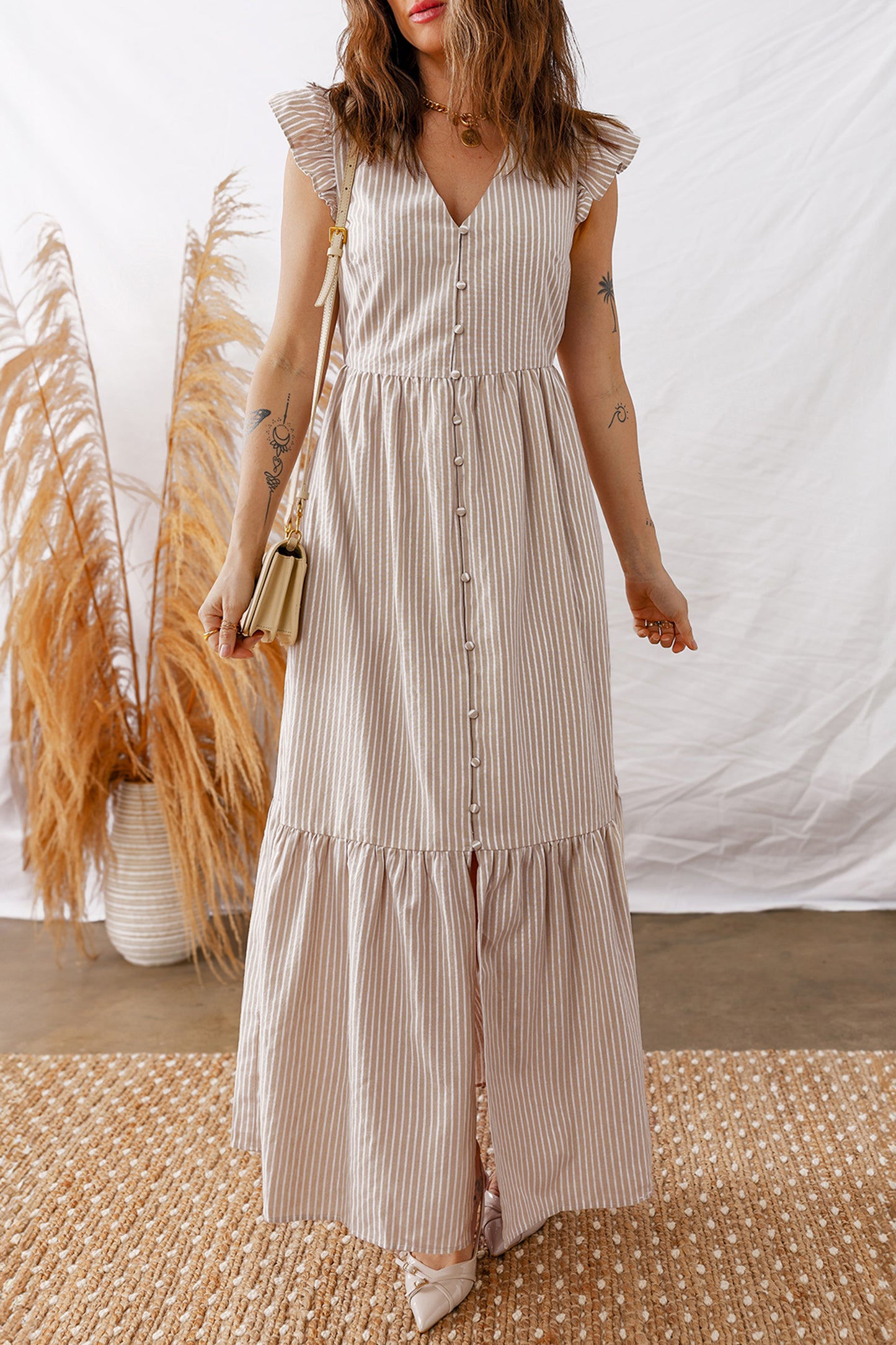 Stripe Flutter Sleeve Buttoned V-Neck Maxi Dress