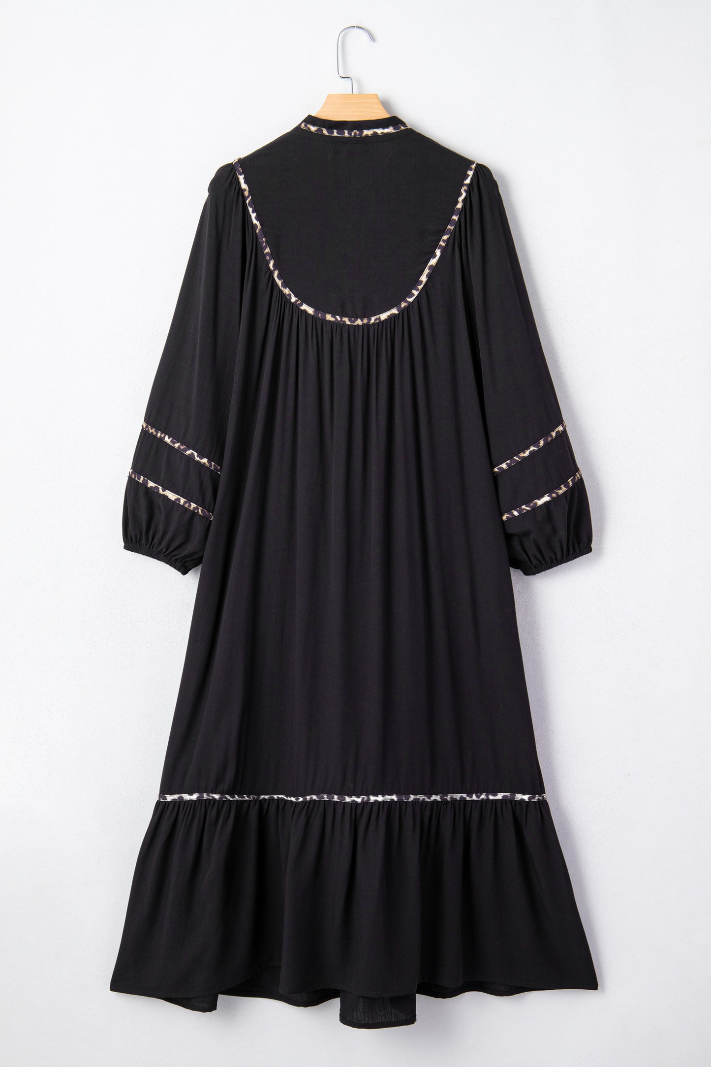 Leopard Contrast Trim Split Neck Midi Dress