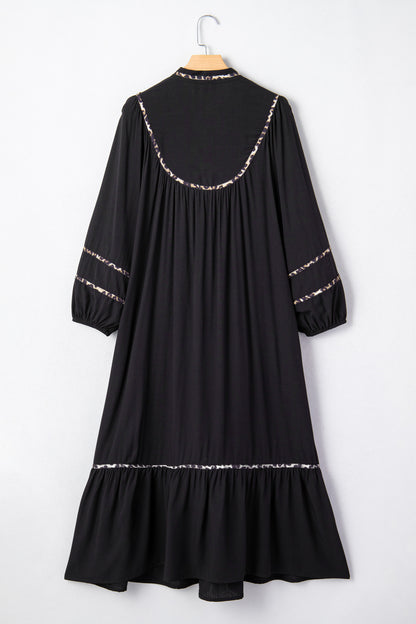 Leopard Contrast Trim Split Neck Midi Dress