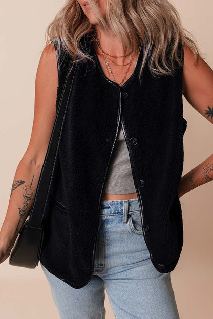 Fleece Leather Contrast Buttoned Vest