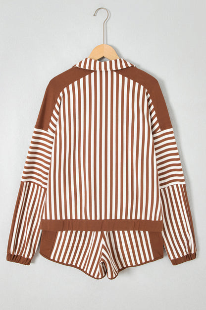 Stripe Patchwork Quarter Zip Sweatshirt & Shorts Set
