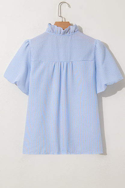 Stripe Ruffle Short Bubble Sleeve Loose Fit Shirt