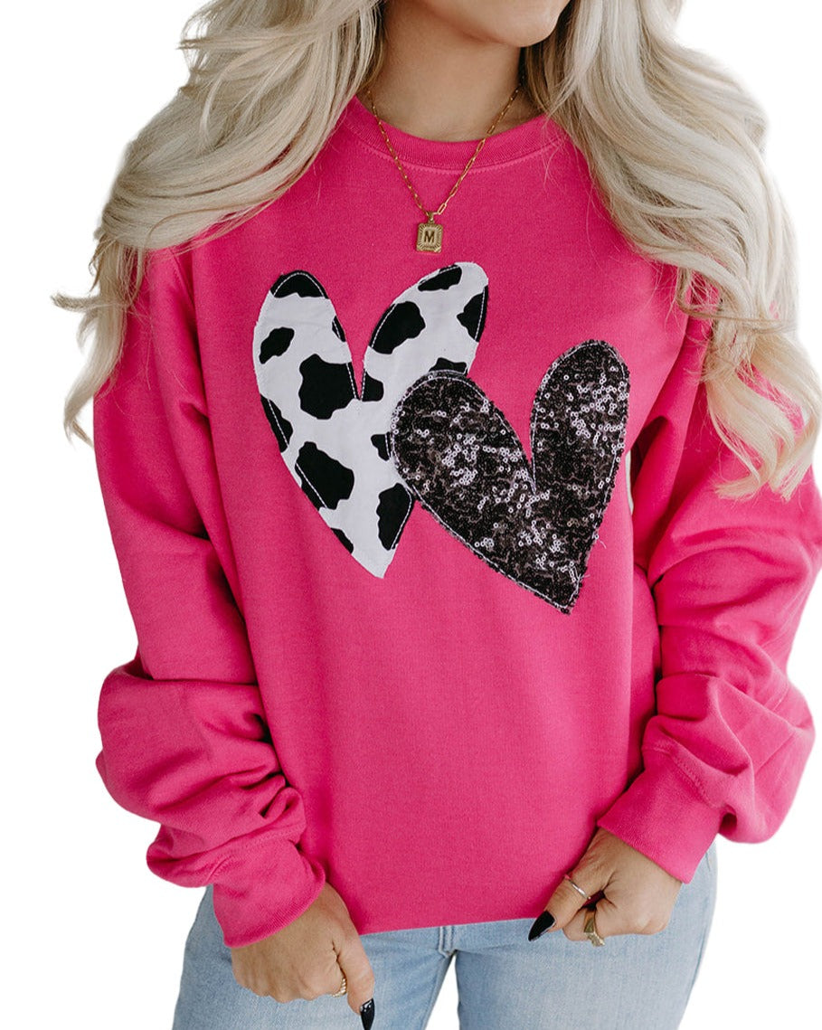 Cow & Sequin Double Heart Sweatshirt