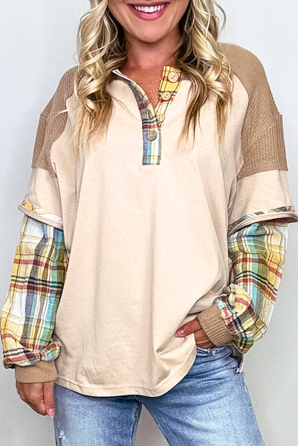 Plus Size Plaid Patchwork Henley Top