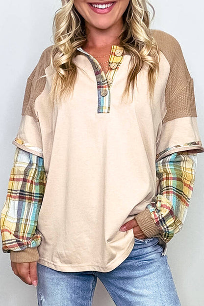 Plus Size Plaid Patchwork Henley Top