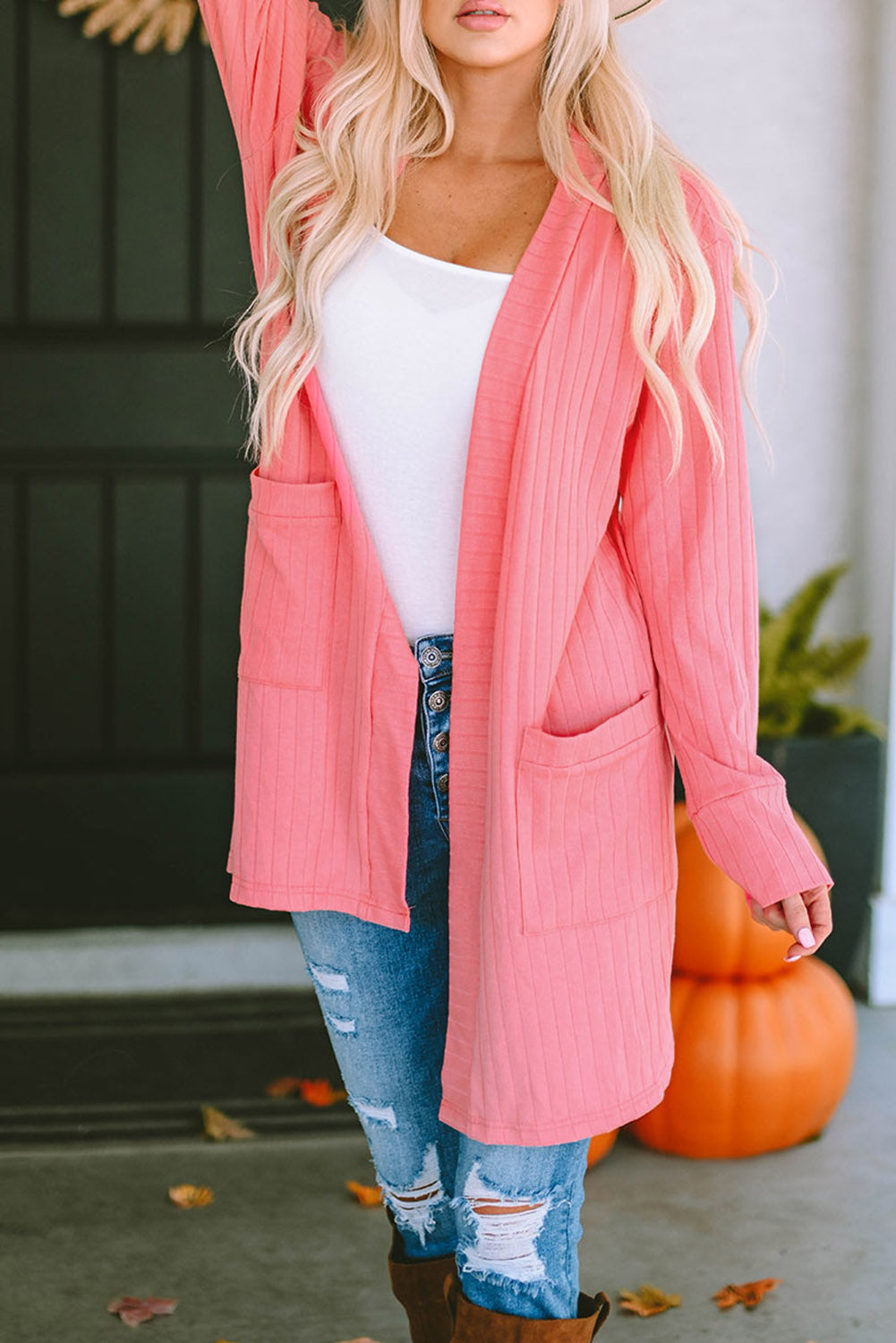 Ribbed Open Front Pocketed Cardigan