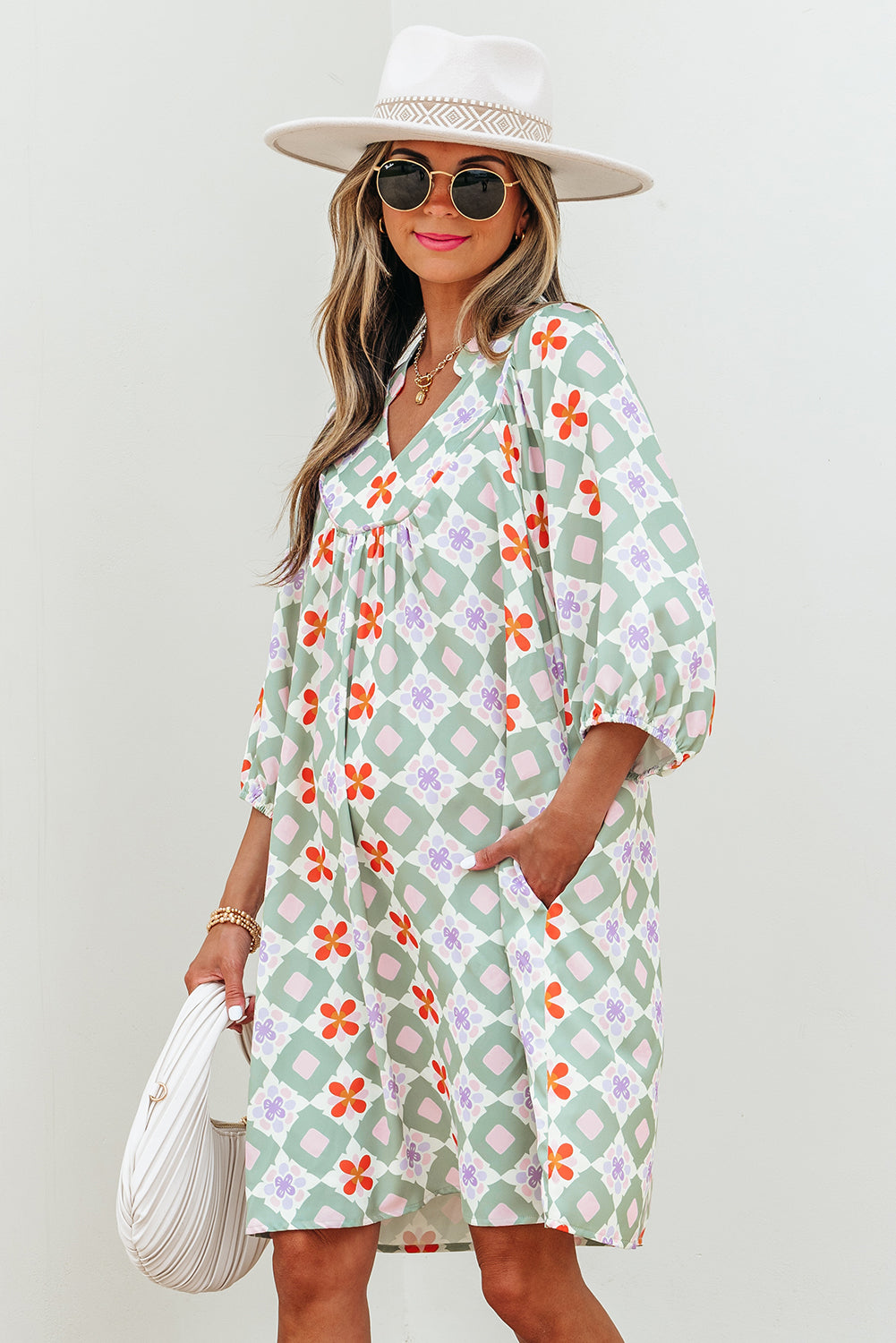 Geometric Floral 3/4 Sleeve Notched Neck Mini Dress