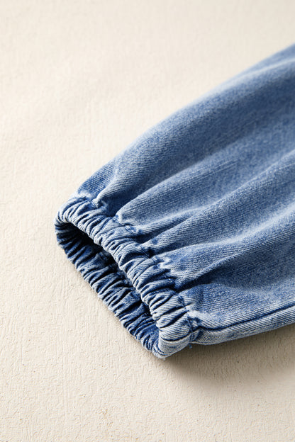 Denim Puff Sleeve Tie V-Neck Ruffle Dress