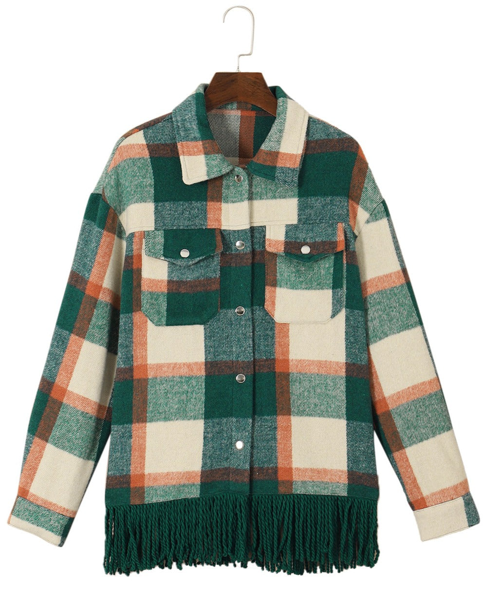 Plaid Pocket Fringed Hem Jacket