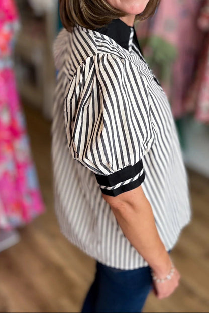 Stripe Collared V-Neck Bubble Sleeve Blouse