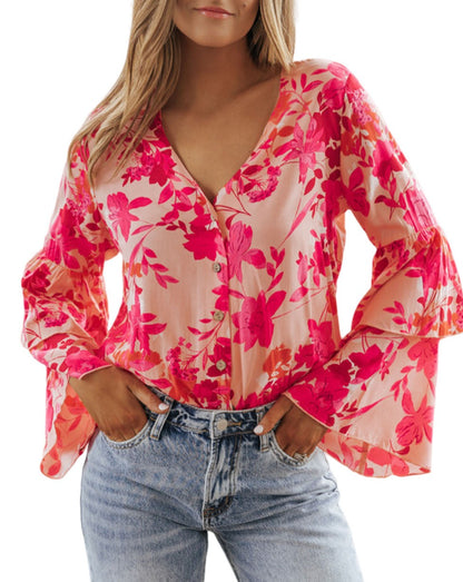 Floral Bell Sleeve Buttoned Bodysuit