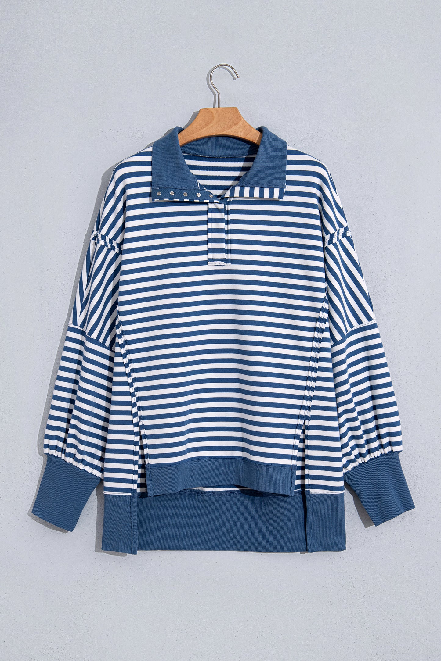 Stripe Colorblock Trim Raw Seam Split Hem Sweatshirt