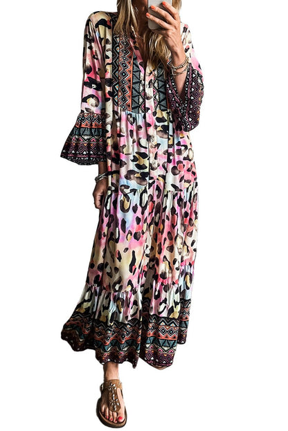 Leopard 3/4 Sleeve Tiered Maxi Dress