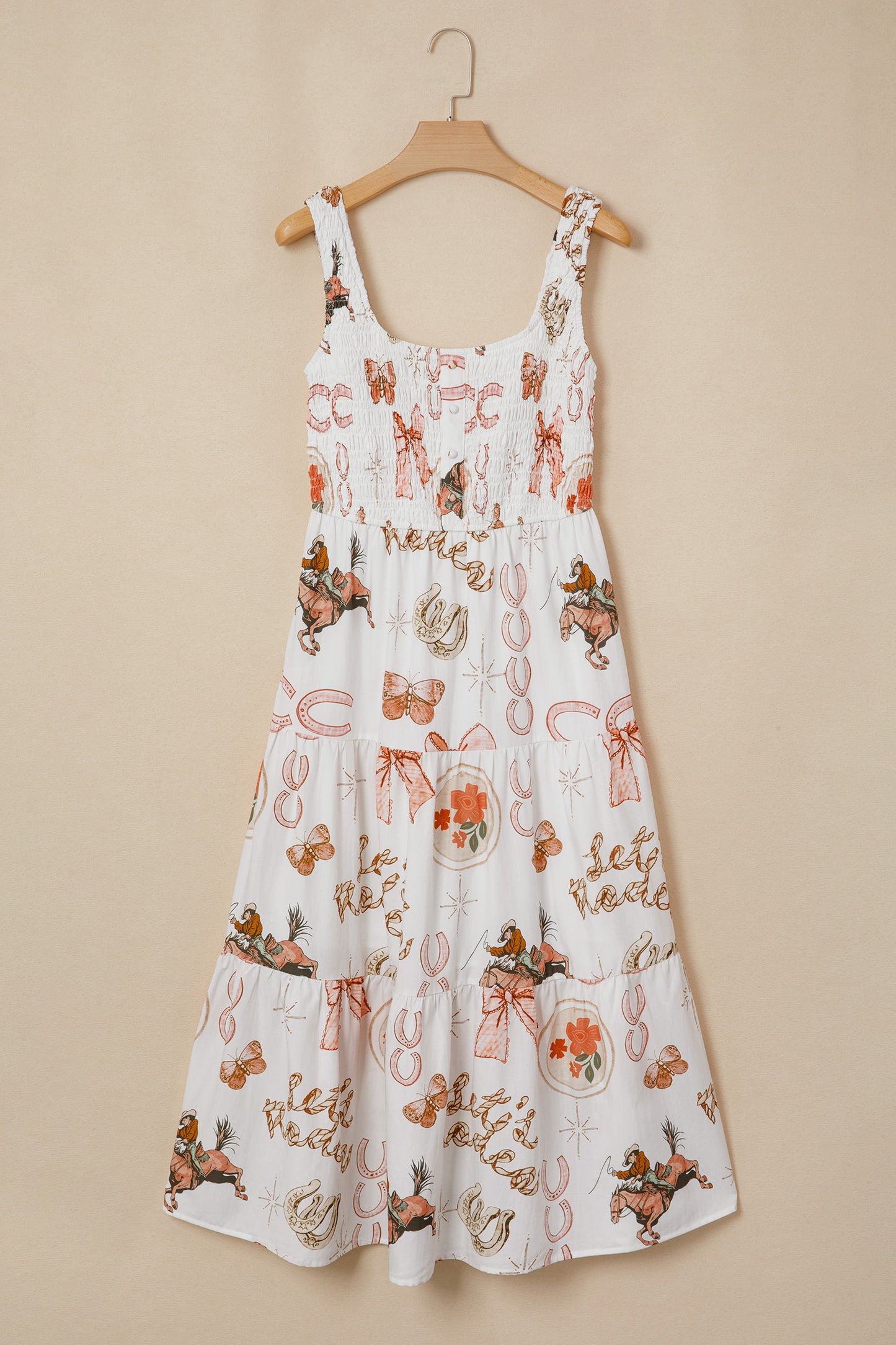 Western Horseshoe Smocked Sleeveless Midi Dress