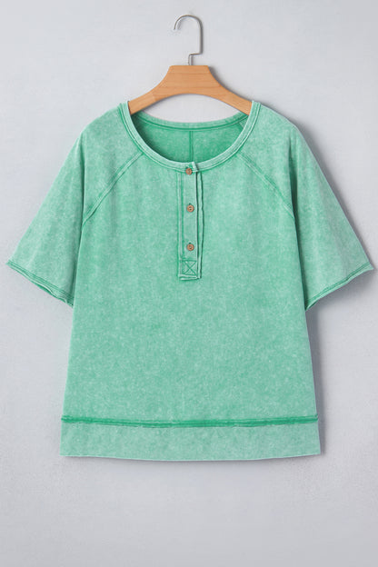 Mineral Wash Half-Button Raglan Sleeve T-Shirt