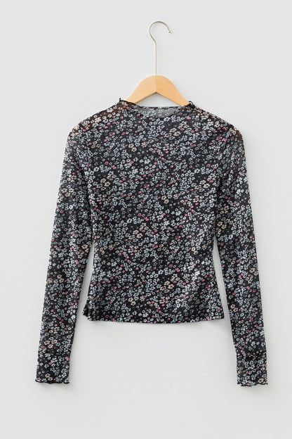 Ditsy Floral Mesh Thumbhole Sleeve Top
