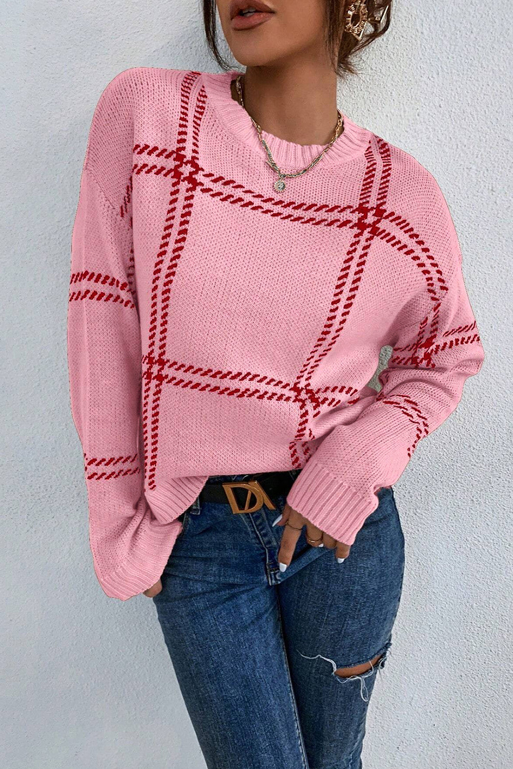 Plaid Drop Shoulder Crewneck Sweater