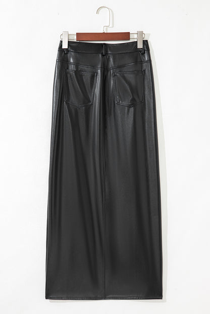 Solid Faux Leather Side Slit Maxi Skirt