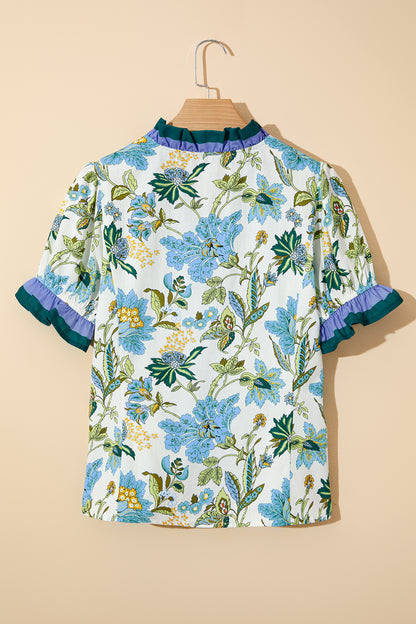 Floral Contrast Frill Stripe Trim Blouse