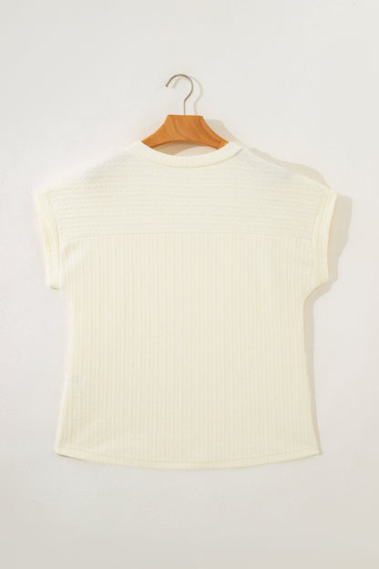 Cable Knit Textured V-Neck Short Sleeve T-Shirt