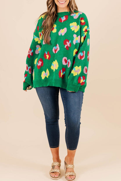 Plus Size Floral Knit Drop Shoulder Sweater