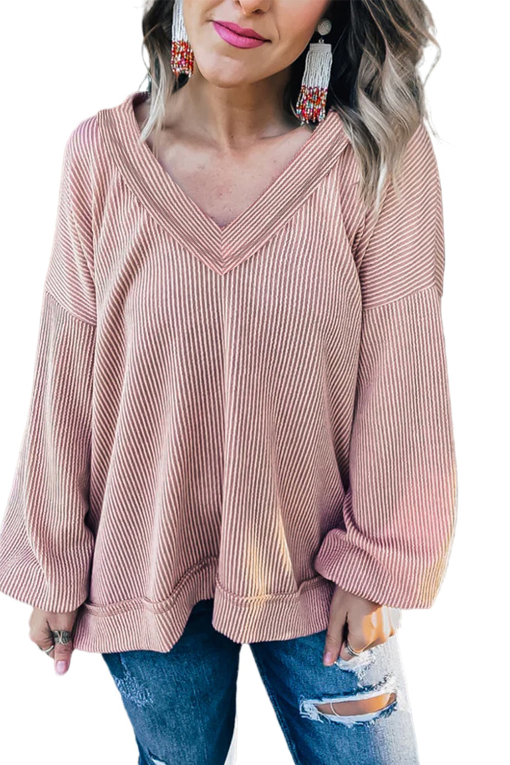 Ribbed Bubble Sleeve V-Neck Top