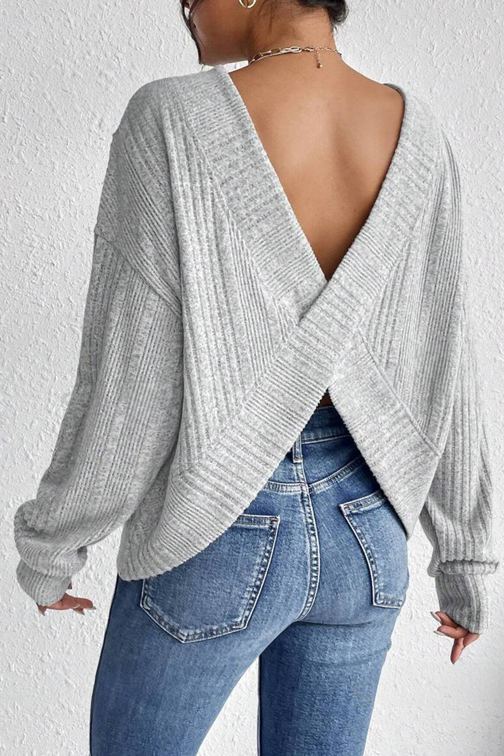 Textured Backless Long Sleeve Top