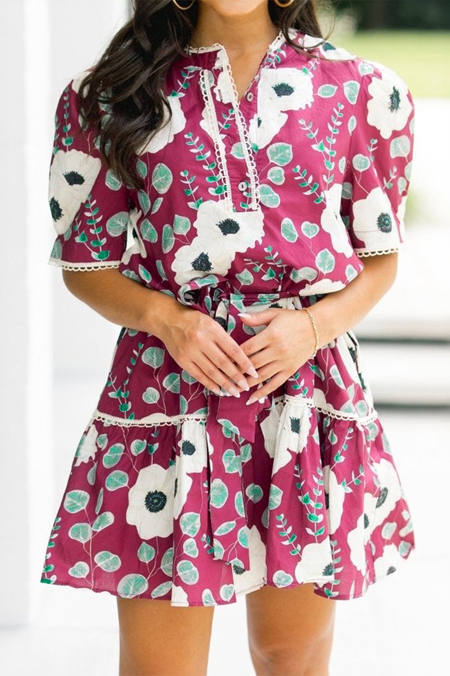 Floral Short Puff Sleeve Belted Mini Dress