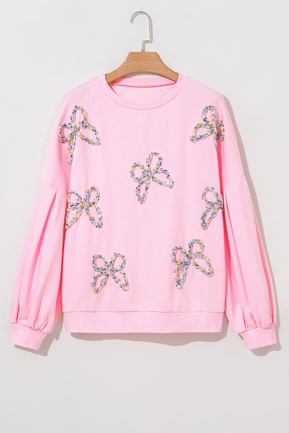 Valentine Bow Embroidered Lantern Sleeve Sweatshirt