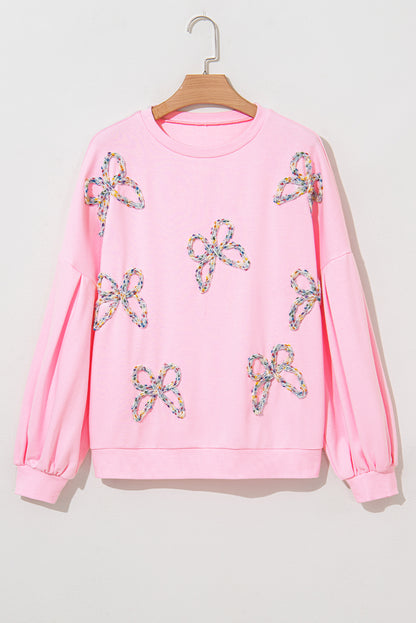 Valentine Bow Embroidered Lantern Sleeve Sweatshirt