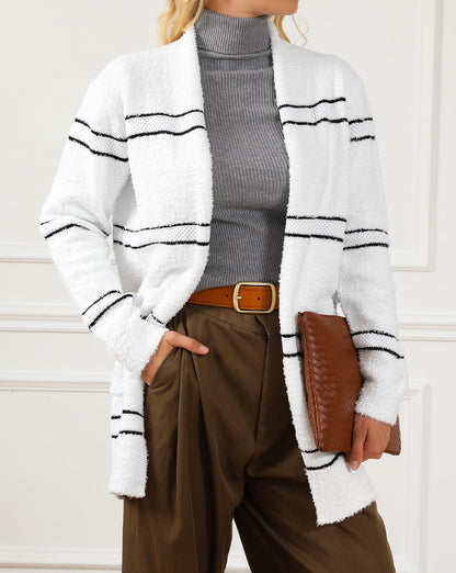 Stripe Fuzzy Open Front Cardigan