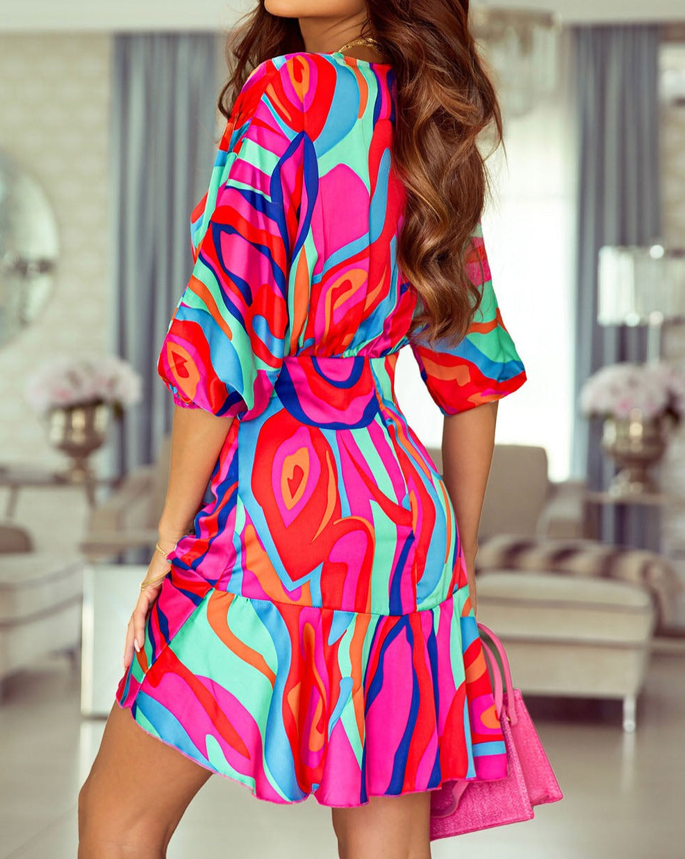 Abstract Ruffle Wrap V-Neck Dress