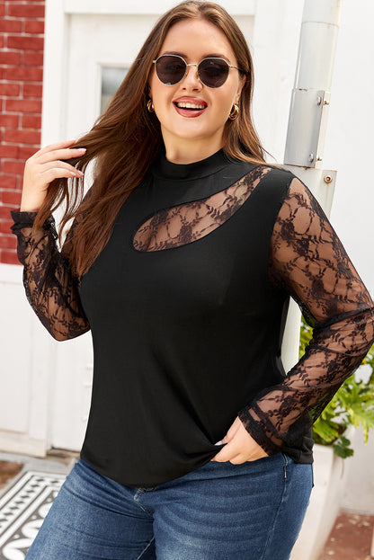 Plus Size Lace Patchwork Cutout Long Sleeve Top