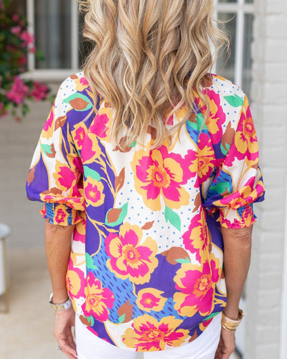 Floral Split Neck Frilled Blouse