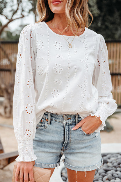 Solid Eyelet Embroidered Long Sleeve Blouse