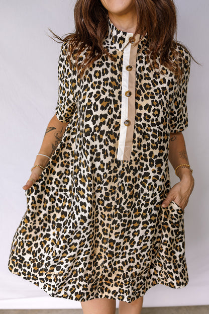 Leopard Half Buttoned Short Sleeve Mini Dress