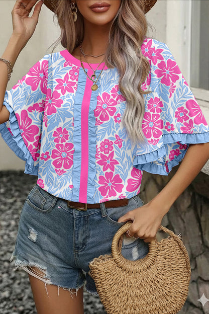Floral Colorblock Trim Ruffle 3/4 Sleeve Blouse