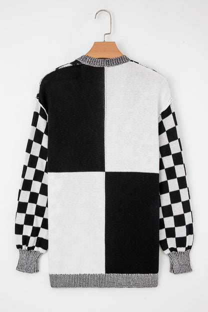 Checker Open Front Drop Shoulder Cardigan