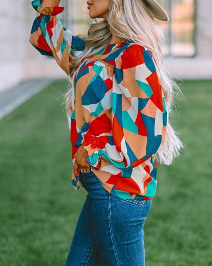 Abstract Ruffle Puff Sleeve Blouse