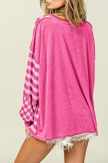 Checker Stripe Lantern Sleeve Blouse