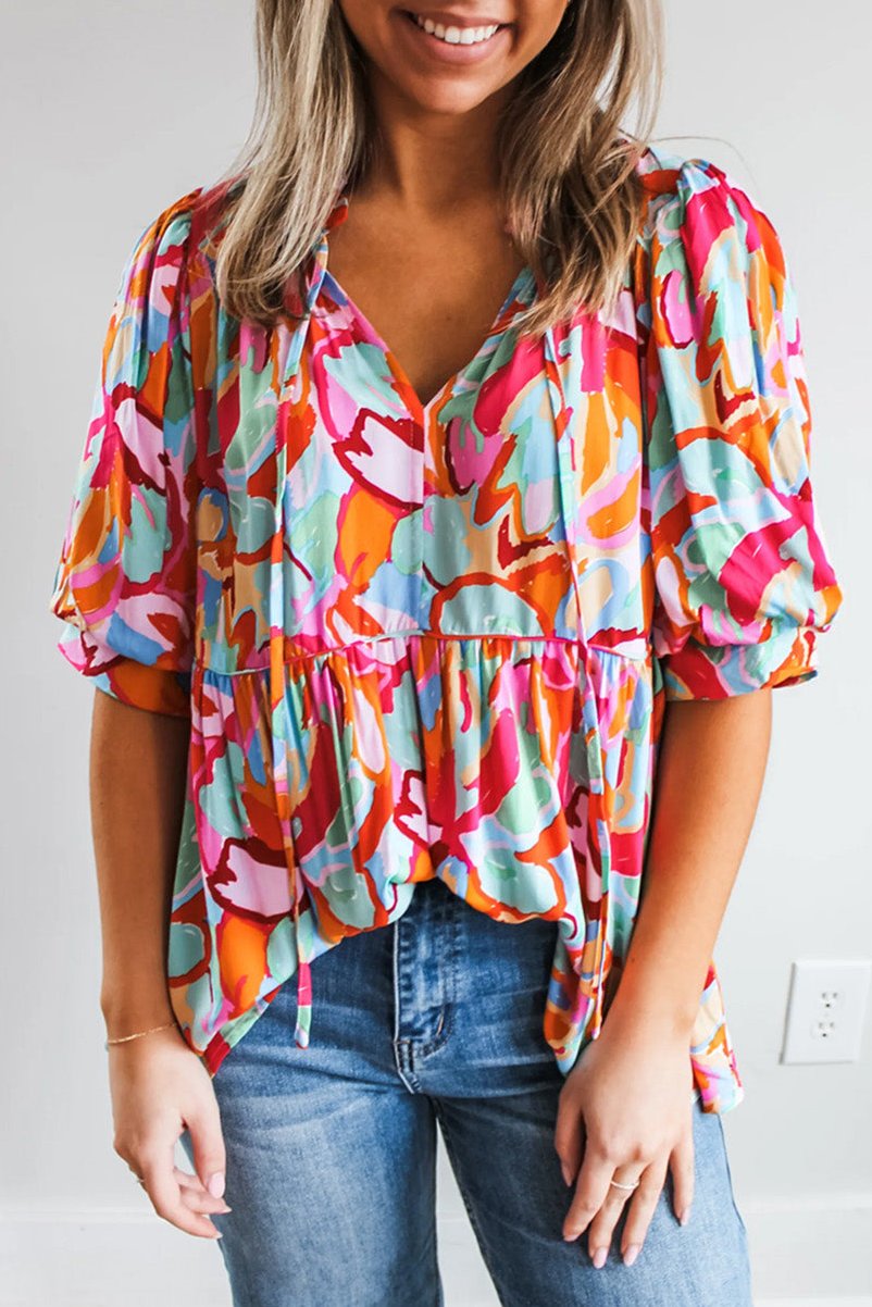 Abstract Puff Sleeve V-Neck Blouse