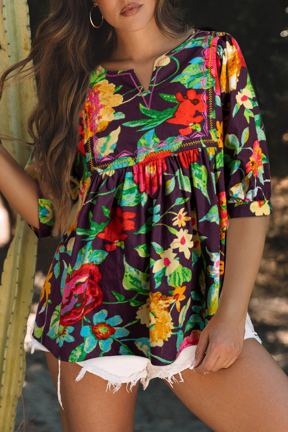 Floral Embroidered Short Sleeve Blouse