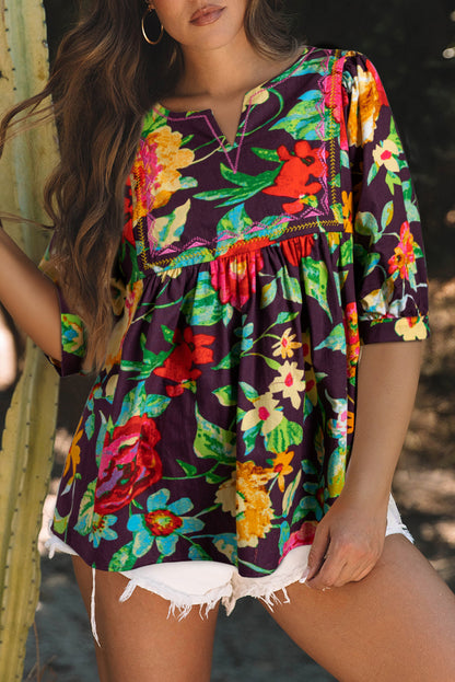 Floral Embroidered Short Sleeve Blouse