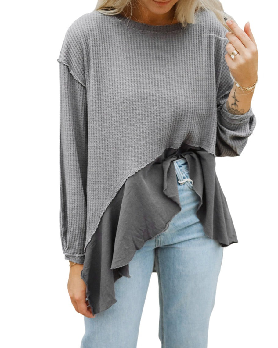 Waffle Ruffle Long Sleeve Top