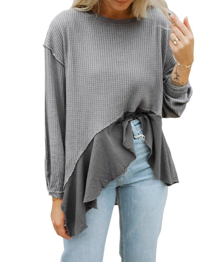 Waffle Ruffle Long Sleeve Top