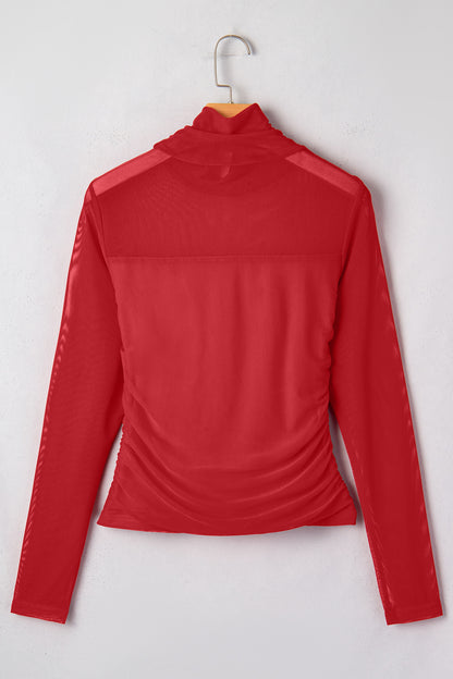 Sheer Mesh Patchwork High Neck Long Sleeve Top