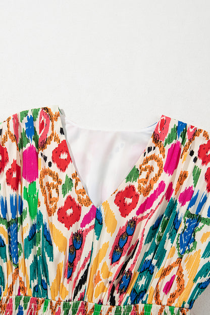 Abstract V-Neck Dolman Sleeve Ruffle Tiered Mini Dress