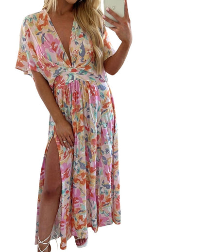 Floral Ruched V-Neck Maxi Dress