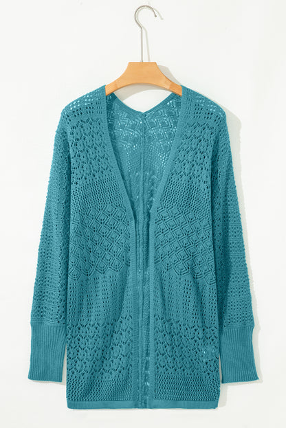 Solid Hollow Knit Open-Front Cardigan